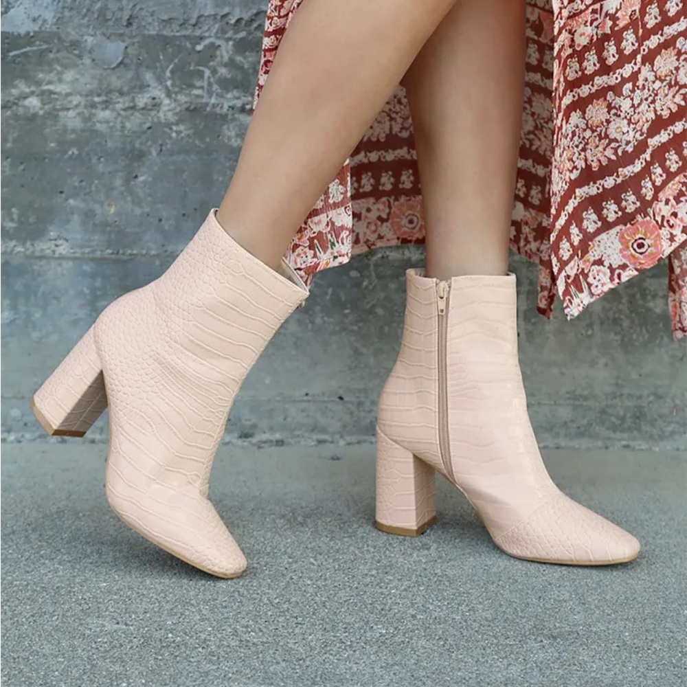 My Generation Pale Pink Crocodile High Heel Mid-Calf Boots